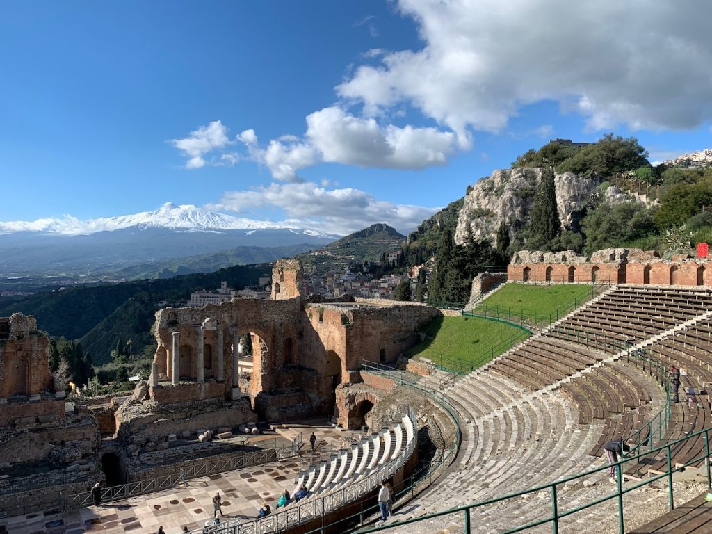 View of Mt. Etna from the Greek-Roman theatre in Taormina