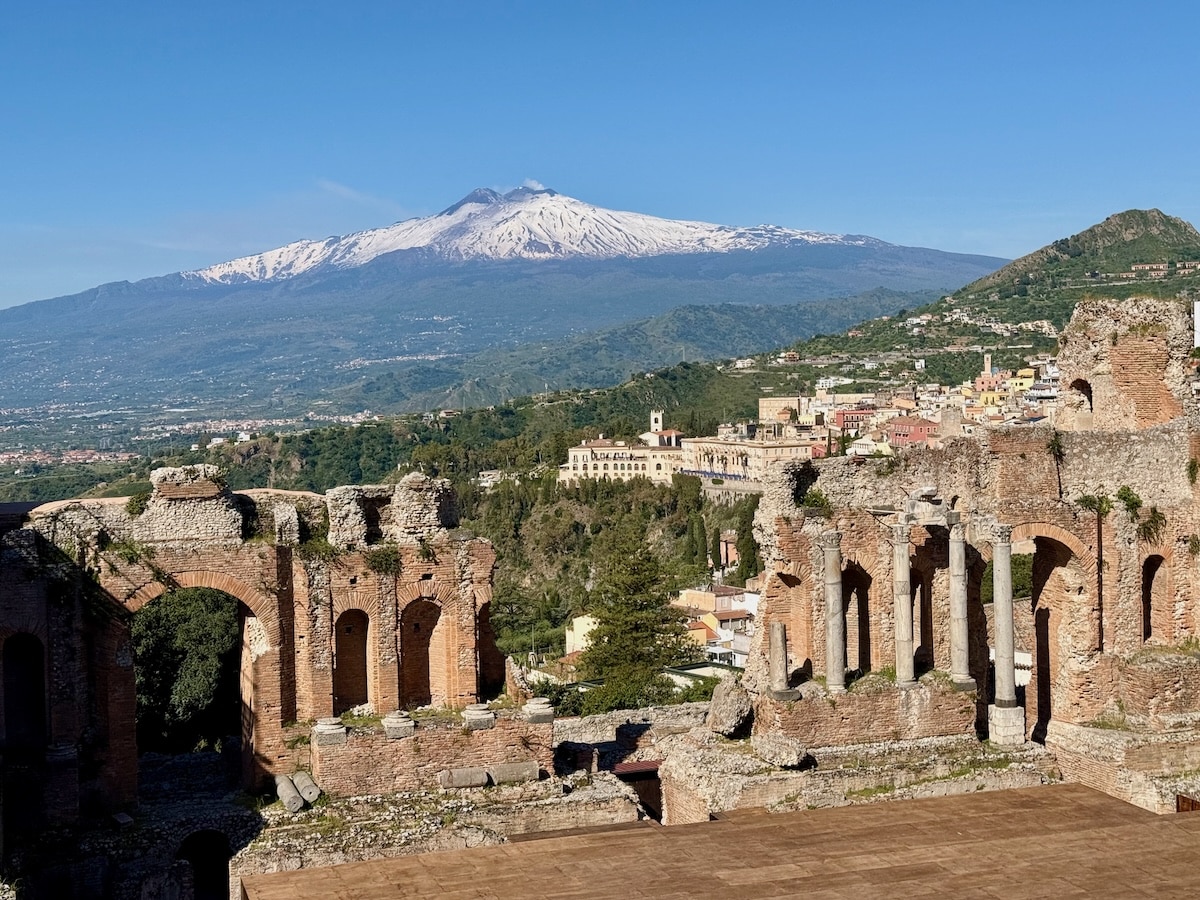 Greek Roman Theatre Taormina Snowcapped Mt. Etna